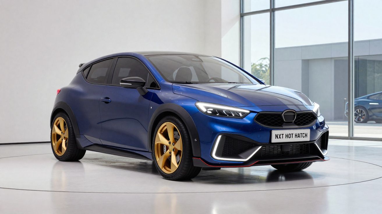 Carro desportivo azul metálico com jantes douradas e faróis LED, em ambiente moderno de exposição interior.