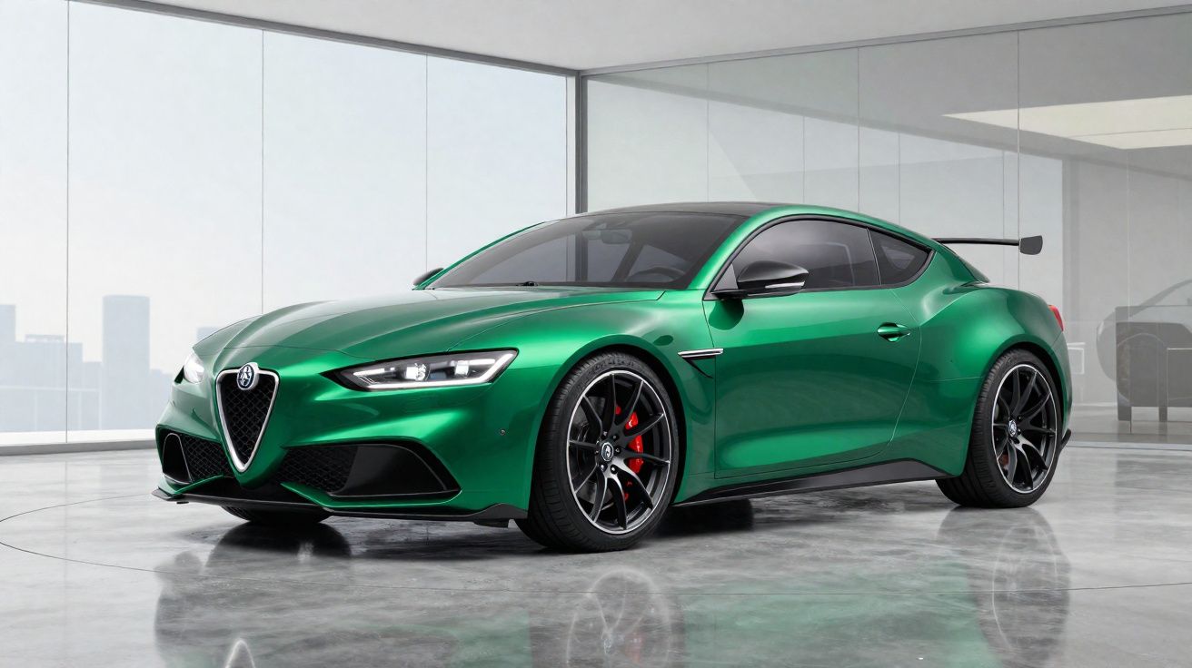 Carro desportivo verde metálico Alfa Romeo com jantes pretas e pinças de travão vermelhas em garagem moderna.