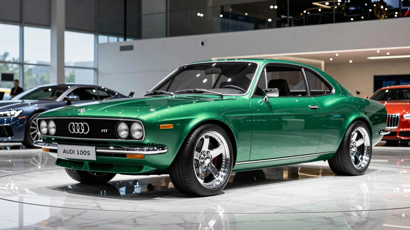 Carro clássico verde Audi 100S exposto em showroom com design elegante e rodas cromadas.