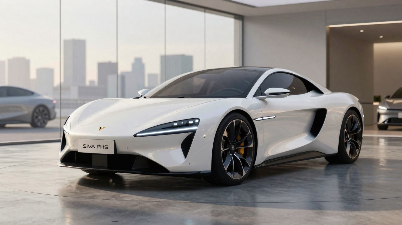 Carro desportivo eléctrico branco estacionado num espaço moderno com janelas amplas e vista para cidade ao fundo.