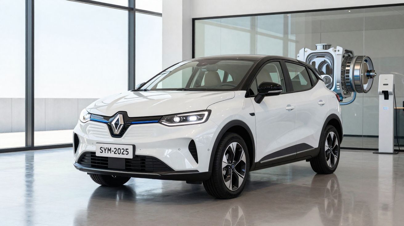 Carro elétrico Renault branco estacionado dentro de salão moderno com janelas amplas e equipamento de carregamento.