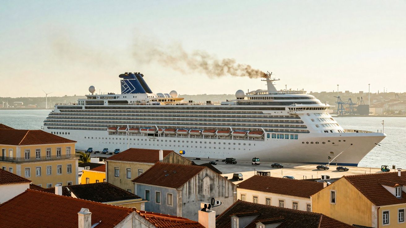 Navio cruzeiro branco atracado no porto com fumo negro a sair da chaminé ao entardecer.