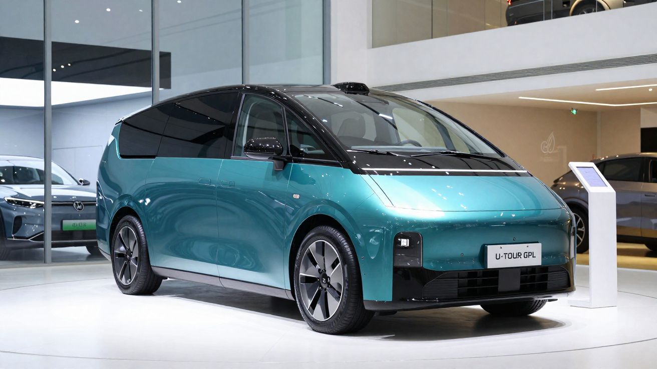 Automóvel elétrico compacto azul esverdeado em exposição numa sala moderna, com design futurista.