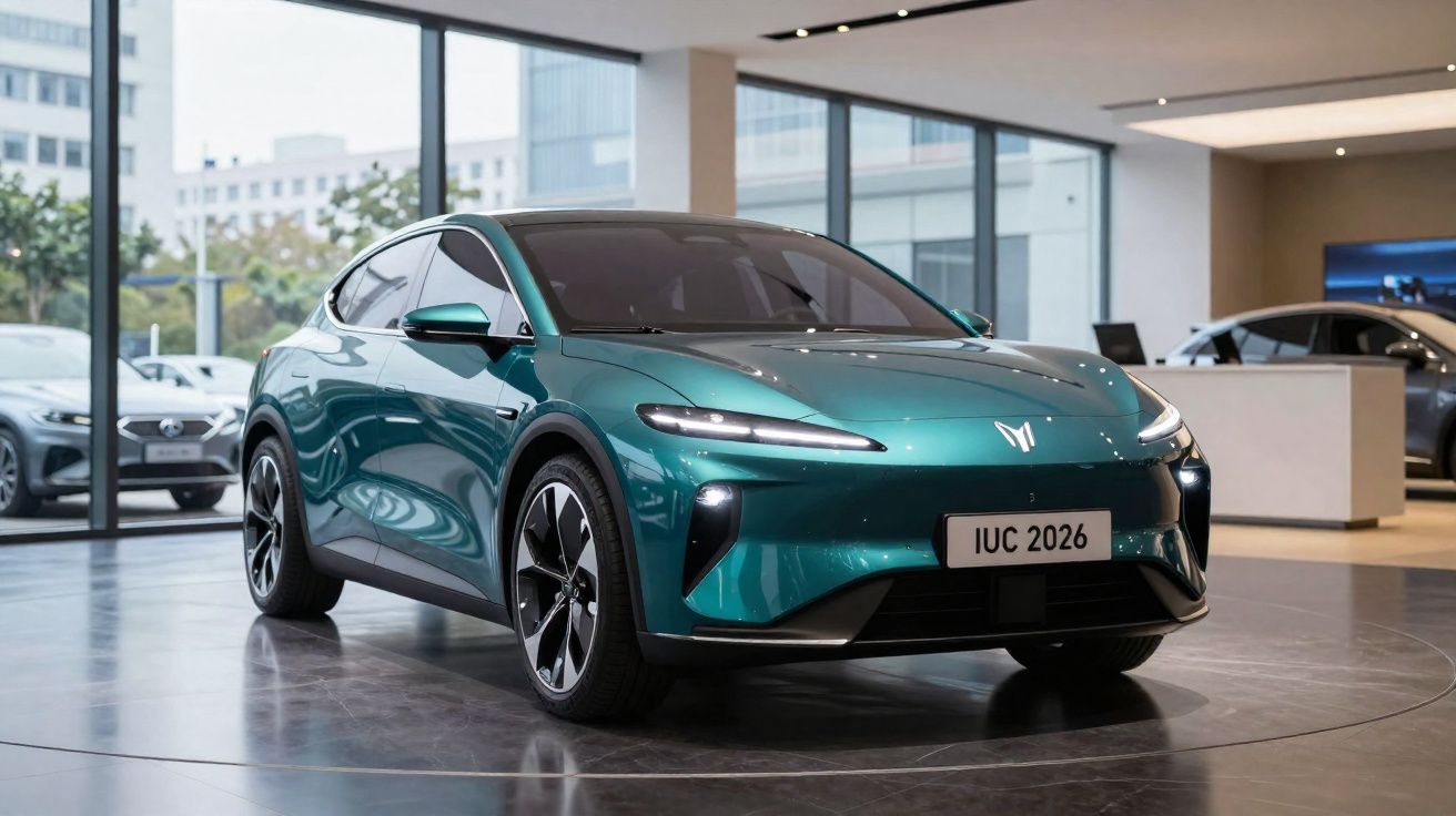 Carro elétrico verde metálico exposto em espaço interior moderno com grandes janelas e iluminação natural.