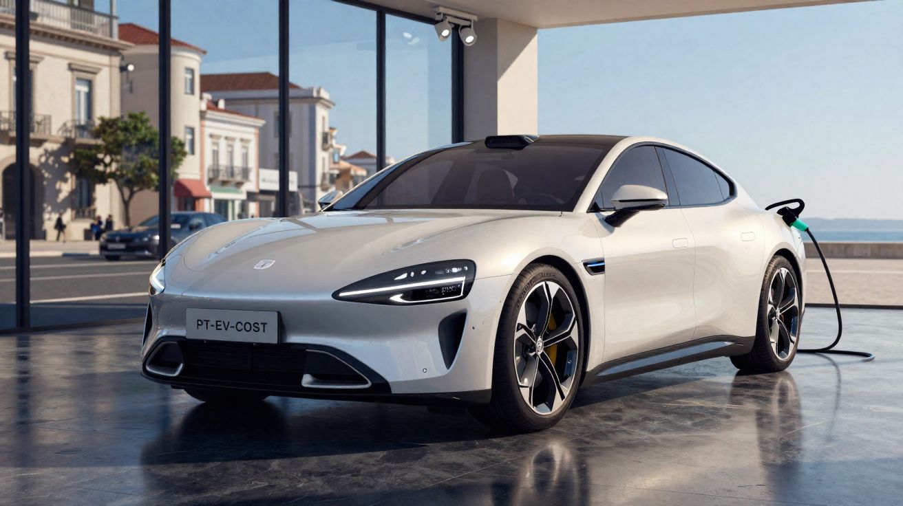 Carro elétrico branco moderno a carregar em estação urbana com edifícios históricos ao fundo.