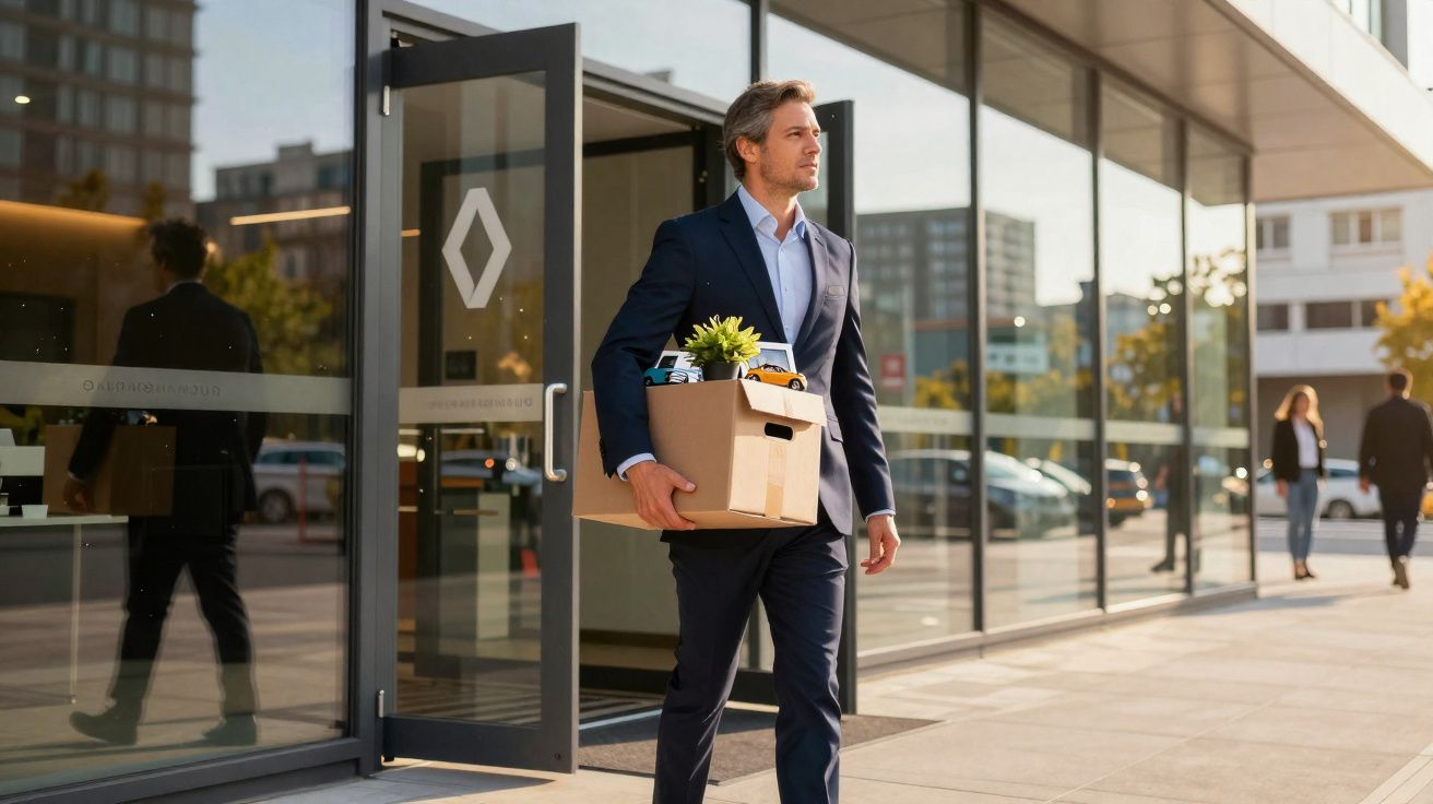 Homem de fato a sair de escritório moderno com caixa de papelão cheia de objetos pessoais.