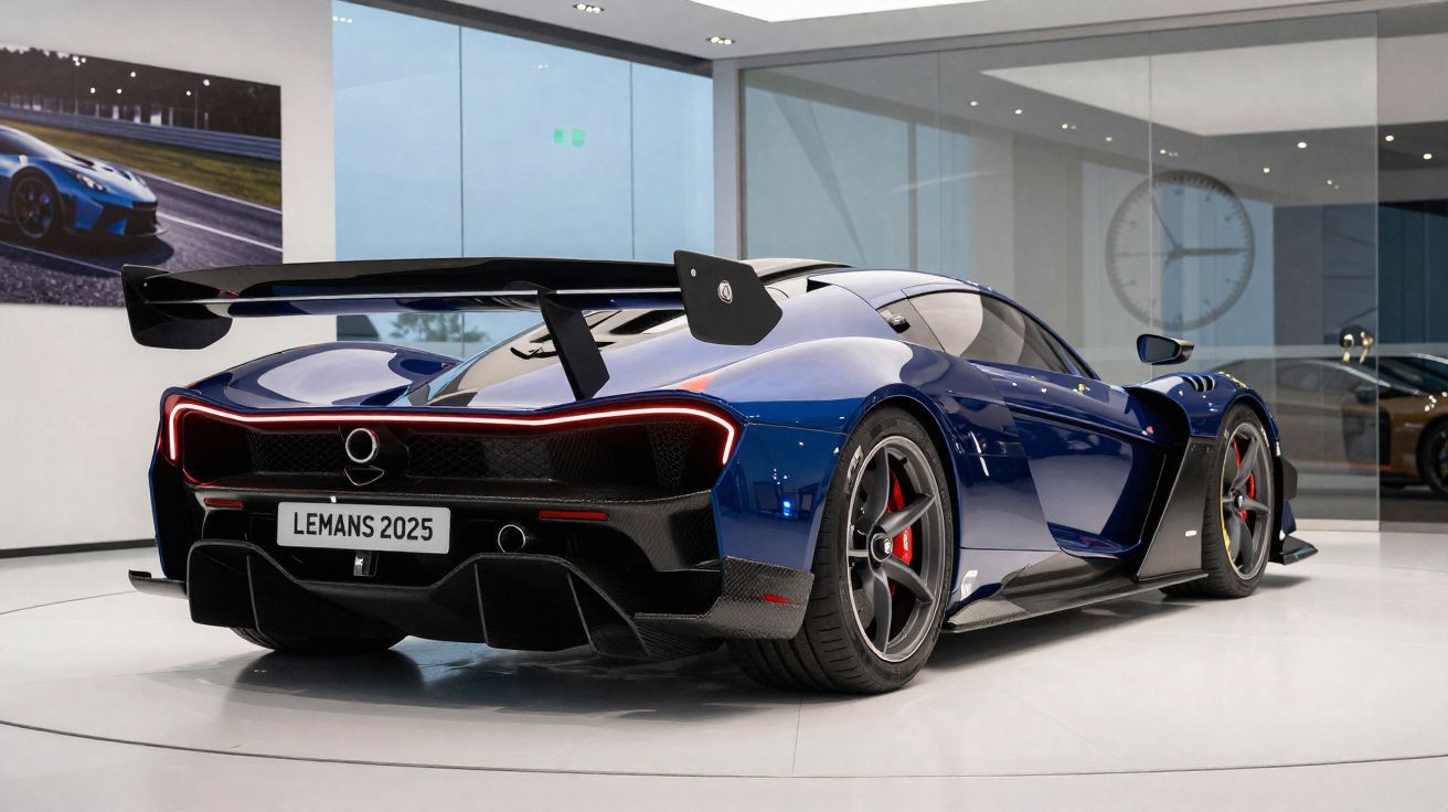Carro desportivo azul com asa traseira grande exibido em salão moderno, matrícula "LEMANS 2025".