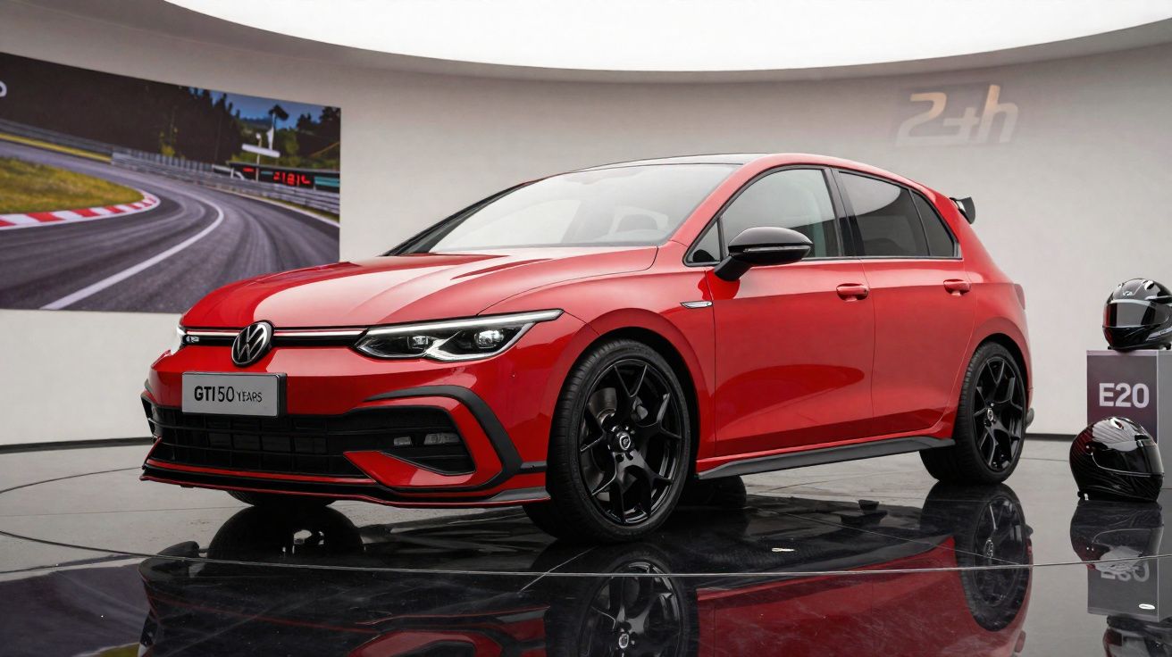 Carro vermelho Volkswagen Golf GTI 50 Years exposto em salão com capacetes de corrida ao lado.
