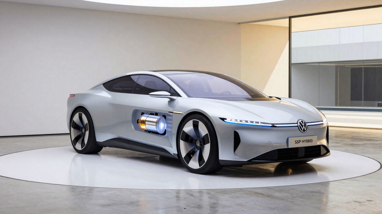 Carro híbrido Volkswagen prata com destaque para bateria visível na lateral, em espaço moderno e iluminado.