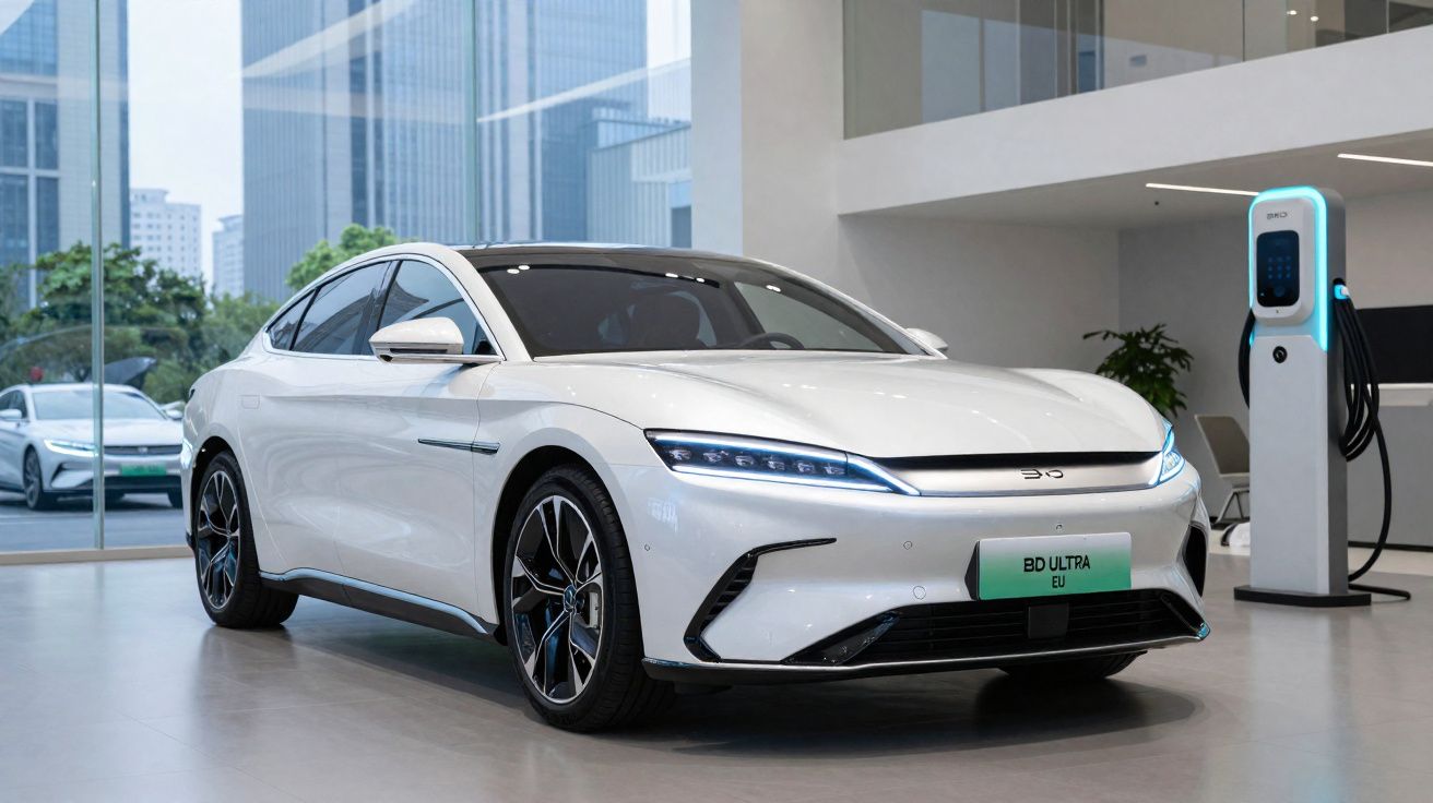 Carro elétrico branco estacionado numa garagem moderna com estação de carregamento ao lado.