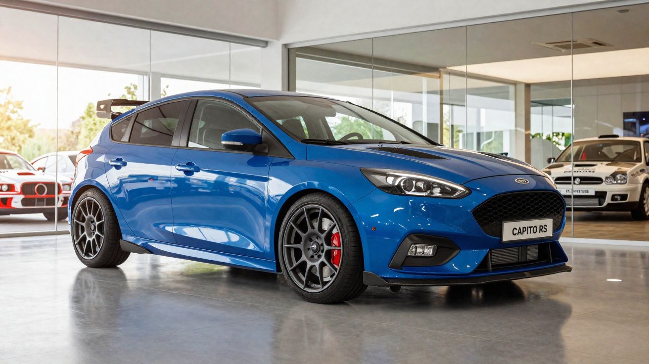 Carro desportivo azul Ford Focus RS estacionado em interior com piso cinza e paredes de vidro.