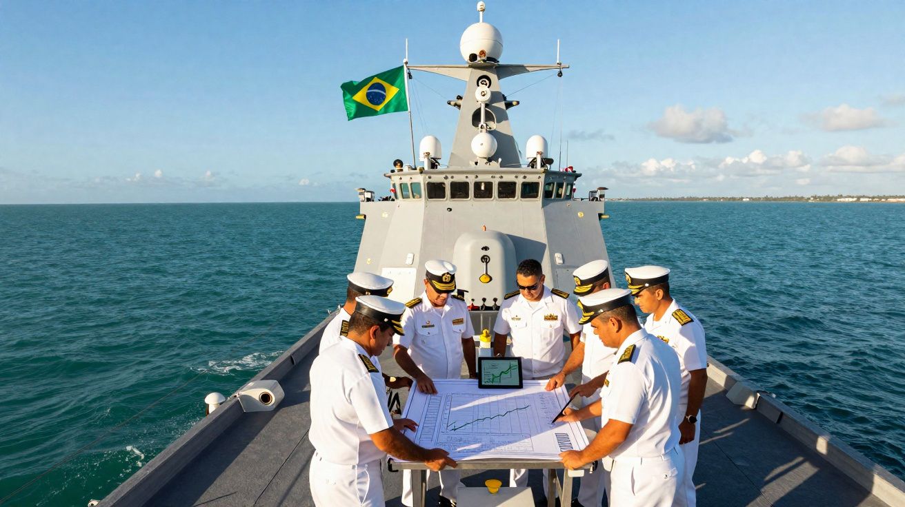 Oficiais da marinha brasileira reunidos no convés de um navio, analisando mapas e gráficos no mar.