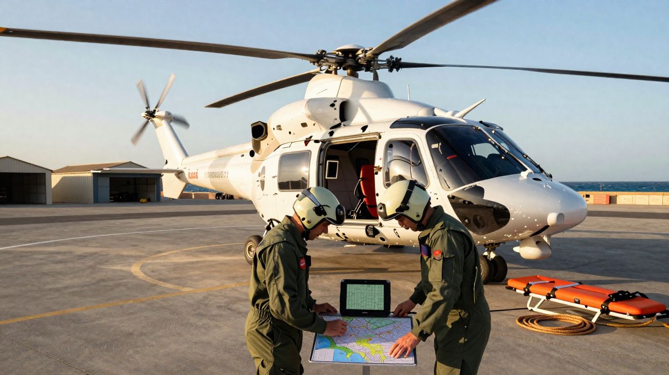 Dois militares com capacetes a analisar um mapa em frente a um helicóptero branco estacionado numa base aérea junto ao mar.
