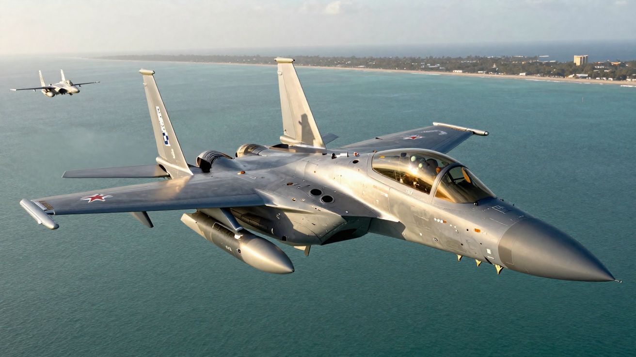 Dois caças militares voando sobre o mar junto a uma costa com zona urbana ao longe.