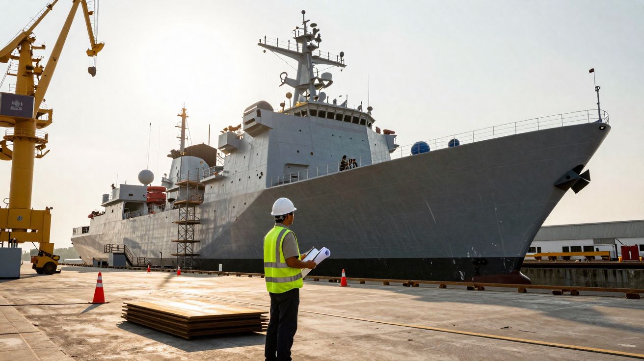 Homem com capacete e colete de segurança observa grande navio cinzento atracado num estaleiro naval.