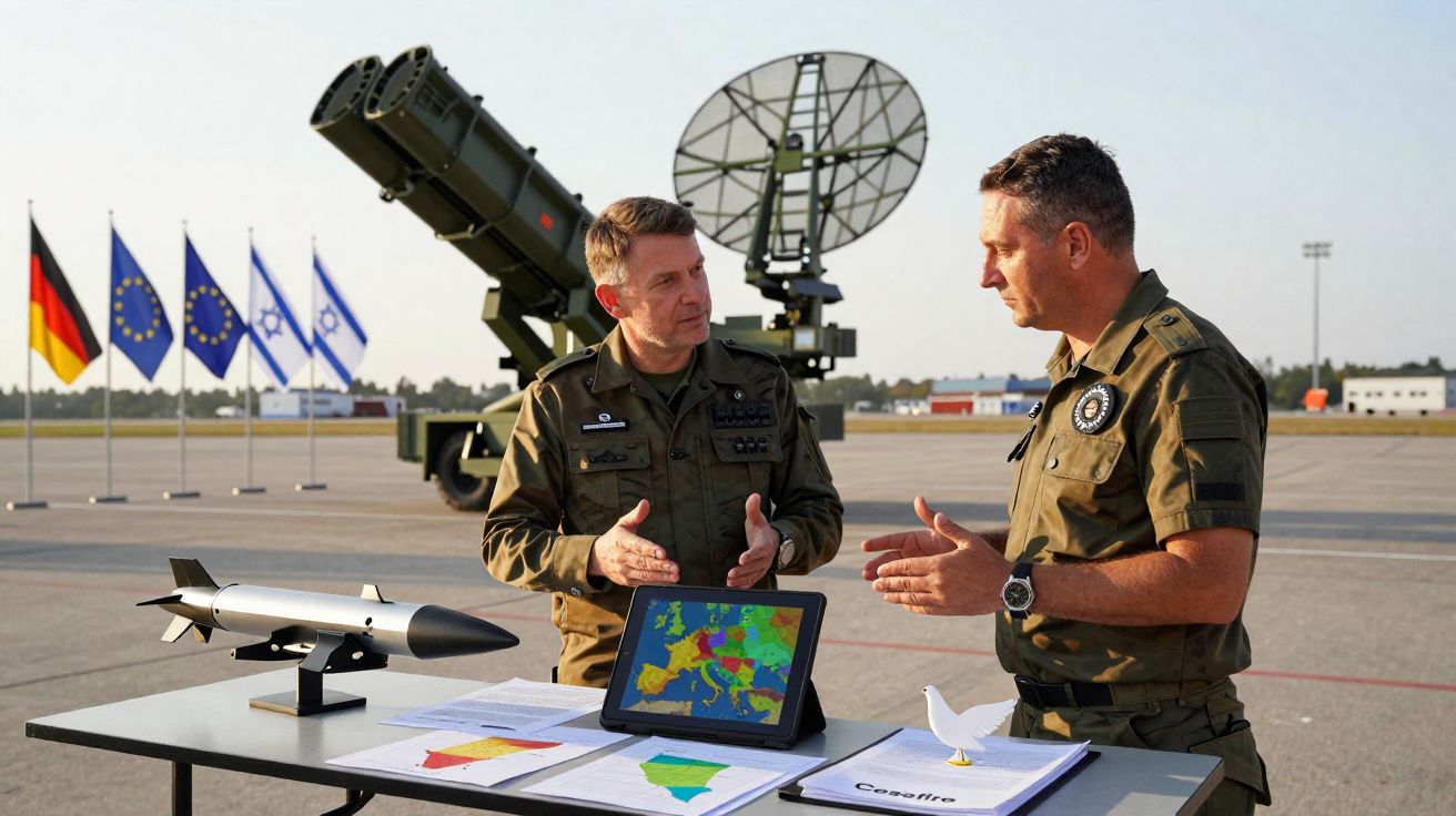 Dois militares conversam junto a uma mesa com mapas e modelo de míssil, diante de equipamento militar e bandeiras.