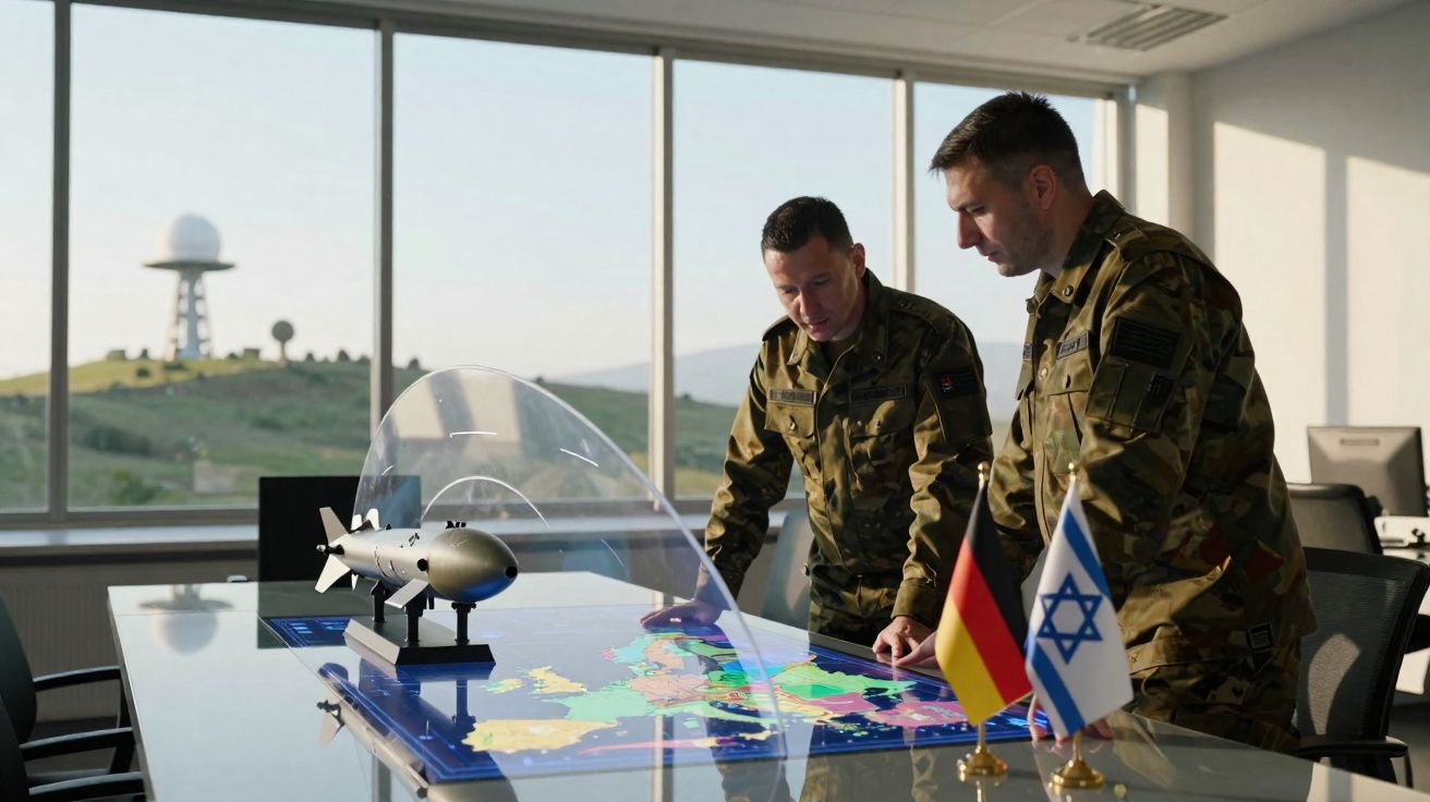 Dois militares em uniforme observam modelo de drone sobre mapa digital, com bandeiras da Alemanha e Israel na mesa.