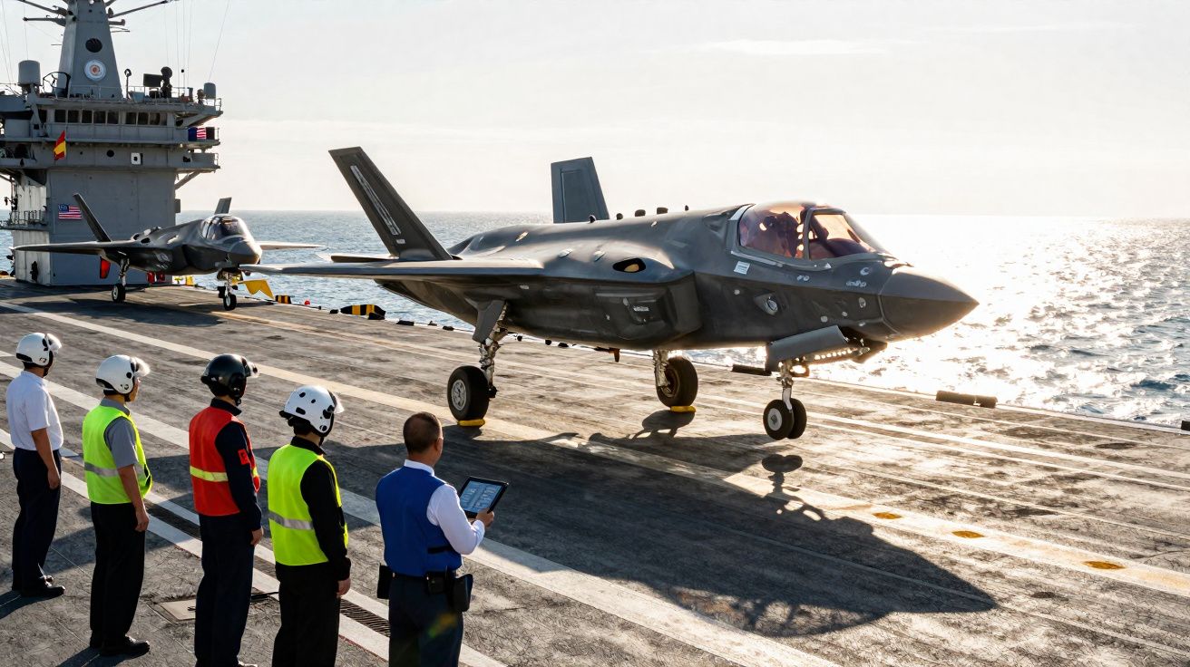 Caças F-35 a descolar de porta-aviões com equipa de apoio a observar na pista sobre o mar.