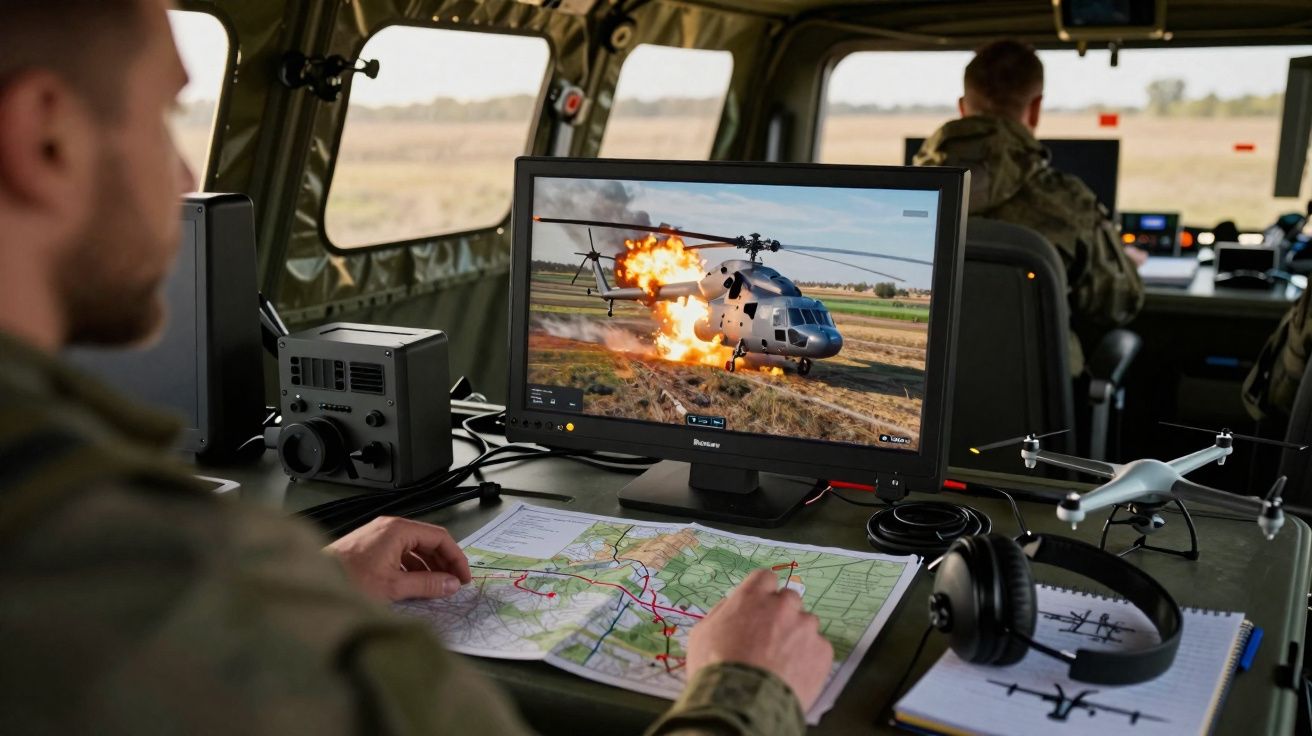 Militar analisa mapa enquanto observa explosão de helicóptero em monitor dentro de veículo militar.