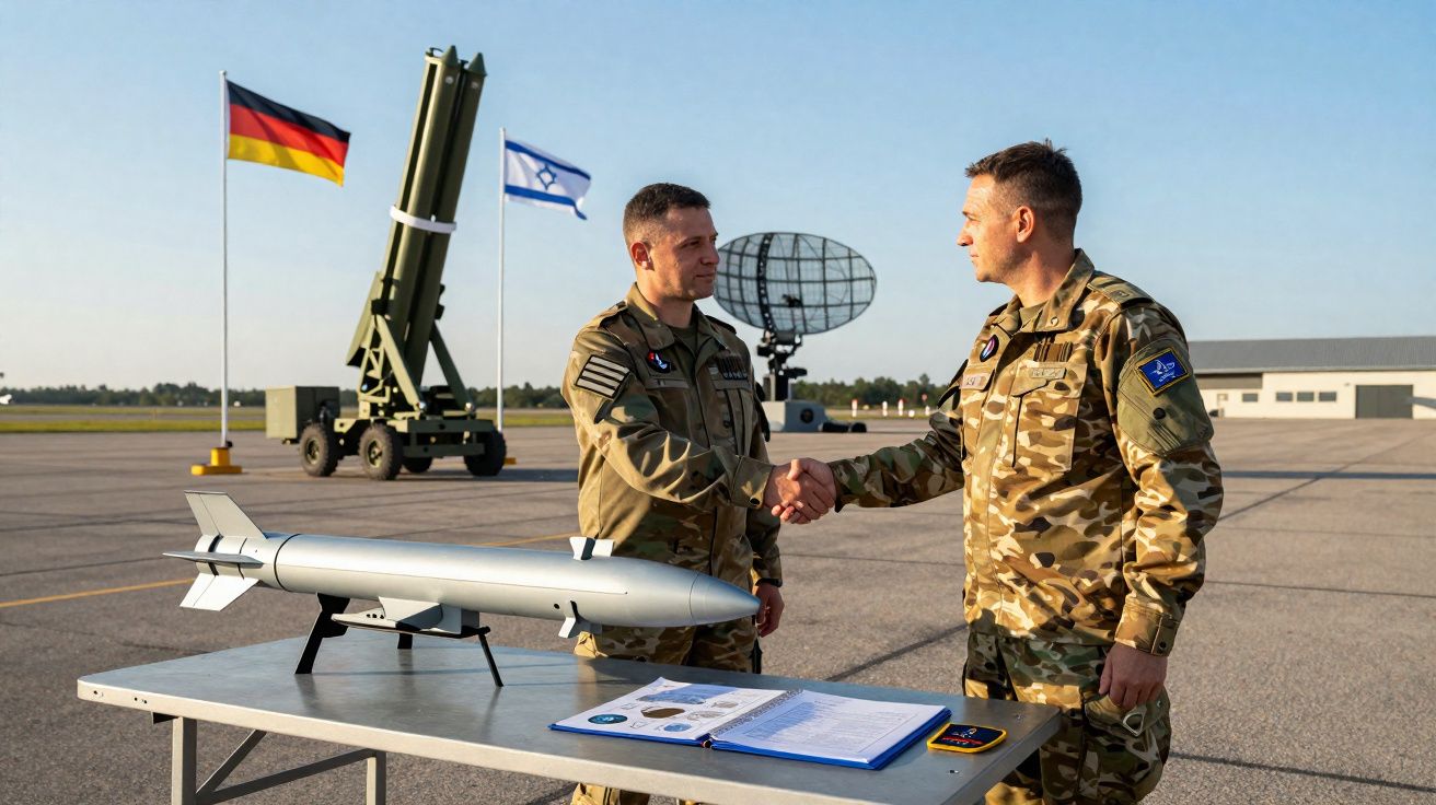 Dois militares apertam as mãos junto a uma mesa com míssil, bandeiras da Alemanha e Israel ao fundo.