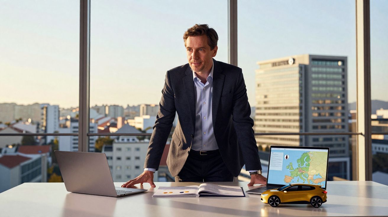 Homem de fato em escritório moderno com laptop, maquete de carro e mapa da Europa num ecrã.