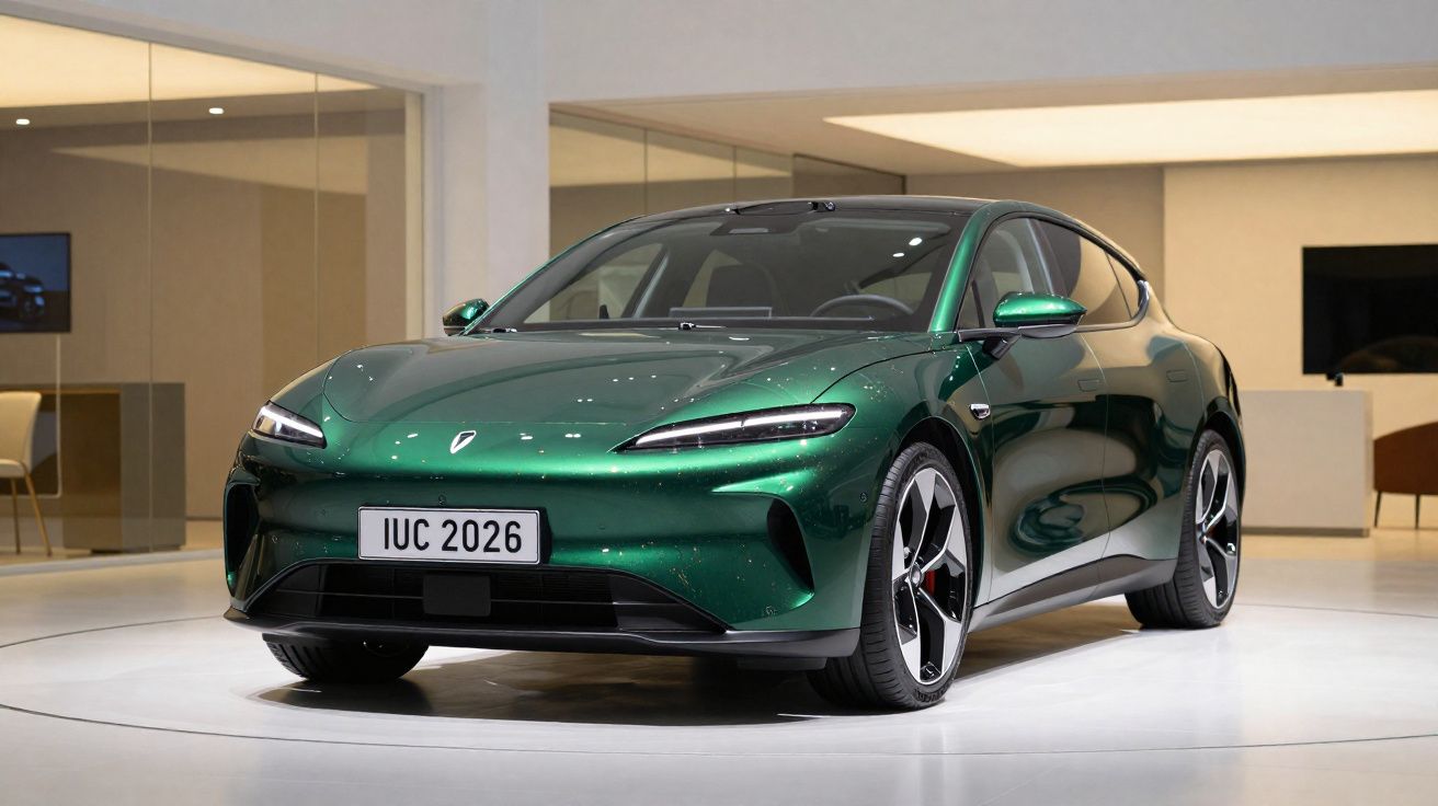 Carro elétrico verde metálico em exposição num espaço interior moderno e minimalista.