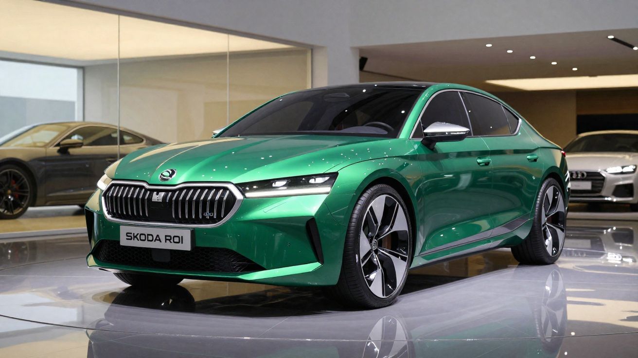 Carro elétrico Škoda ROI verde num showroom moderno com piso refletor e outras viaturas ao fundo.