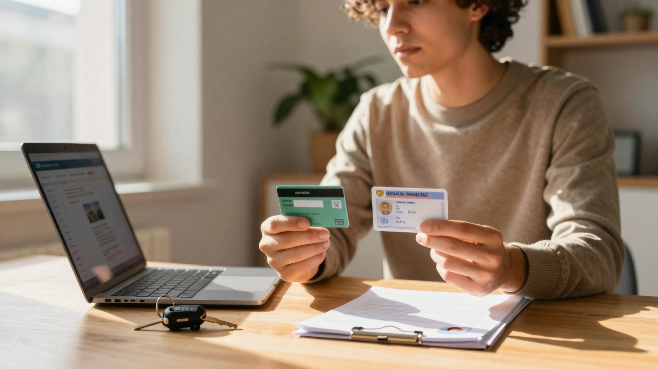 Jovem a comparar um cartão de crédito e uma carta de condução, com portátil e documentos numa secretária.