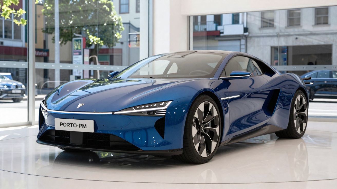 Carro desportivo azul elétrico futurista em exposição numa montra urbana moderna.