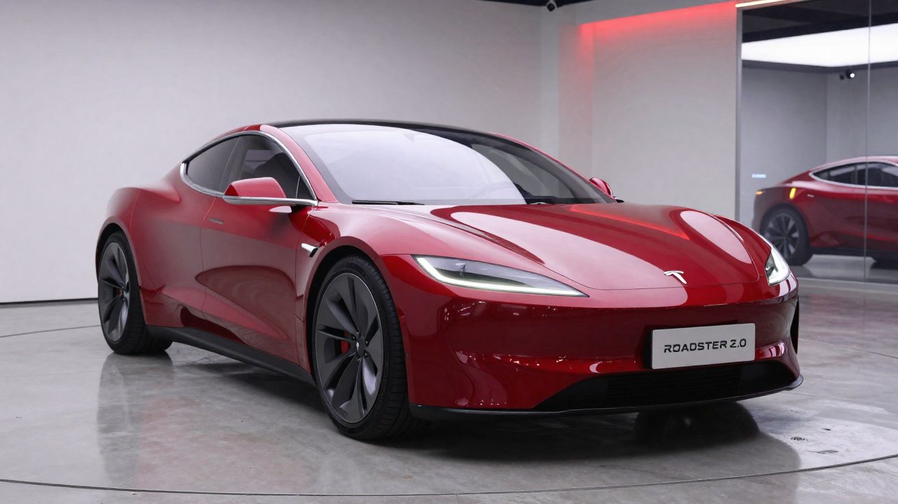 Carro desportivo elétrico Tesla Roadster 2.0 vermelho num showroom moderno com piso cinzento.
