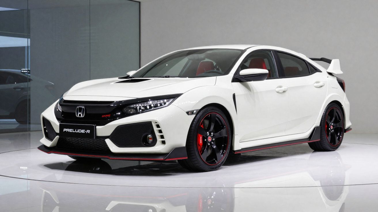 Carro desportivo branco Honda Civic Type R com detalhes em preto e vermelho, exibido em estúdio.