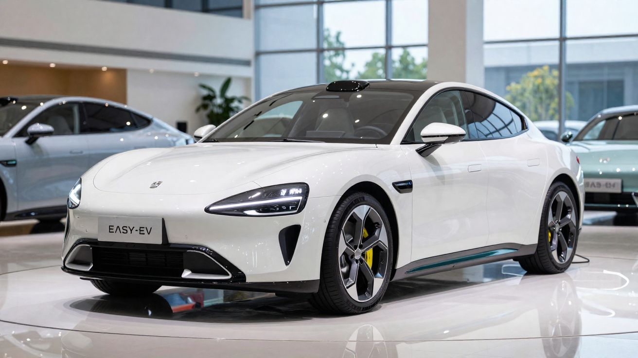 Carro elétrico branco em exposição numa sala moderna com janelas grandes e outros carros ao fundo.