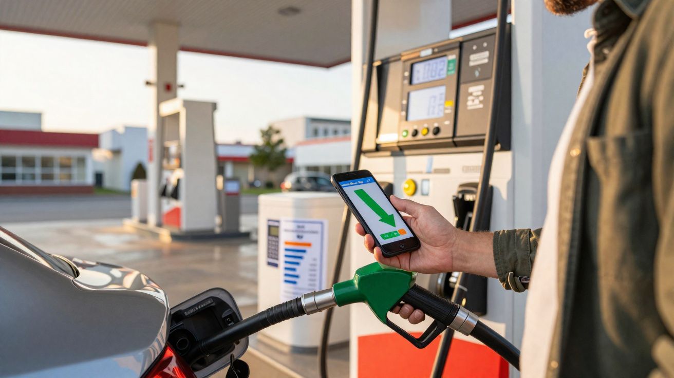 Pessoa a abastecer carro numa bomba de combustível, segurando telemóvel com aplicação aberta.