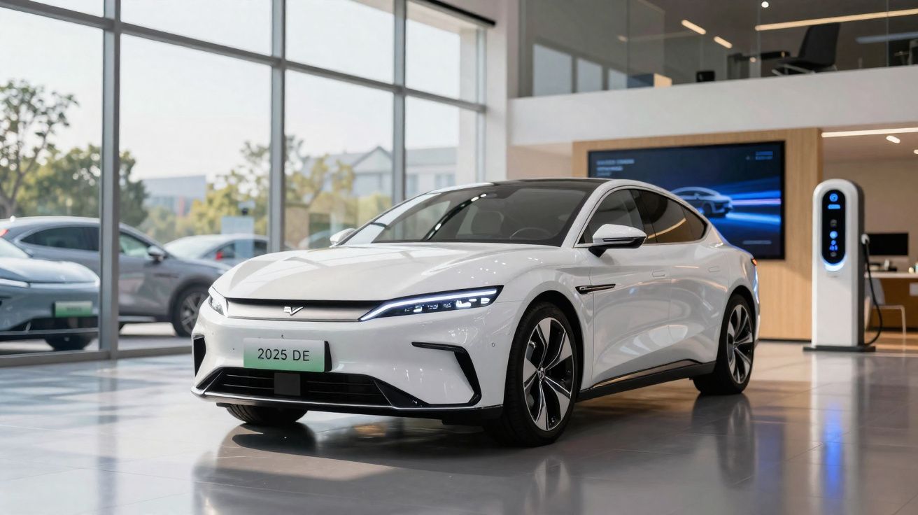 Carro elétrico branco moderno estacionado dentro de um showroom com vidros amplos e carregador elétrico.