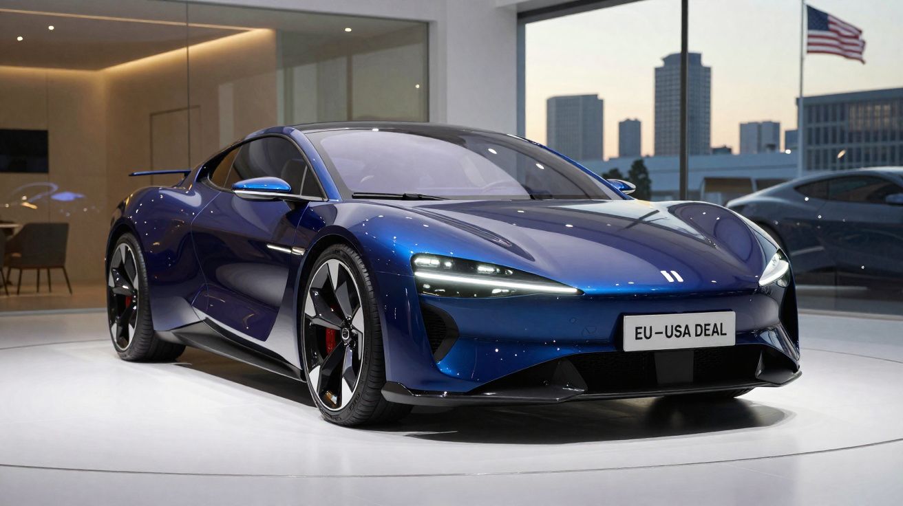 Carro desportivo elétrico azul metálico exibido em showroom moderno com janelas grandes e bandeira dos EUA ao fundo.