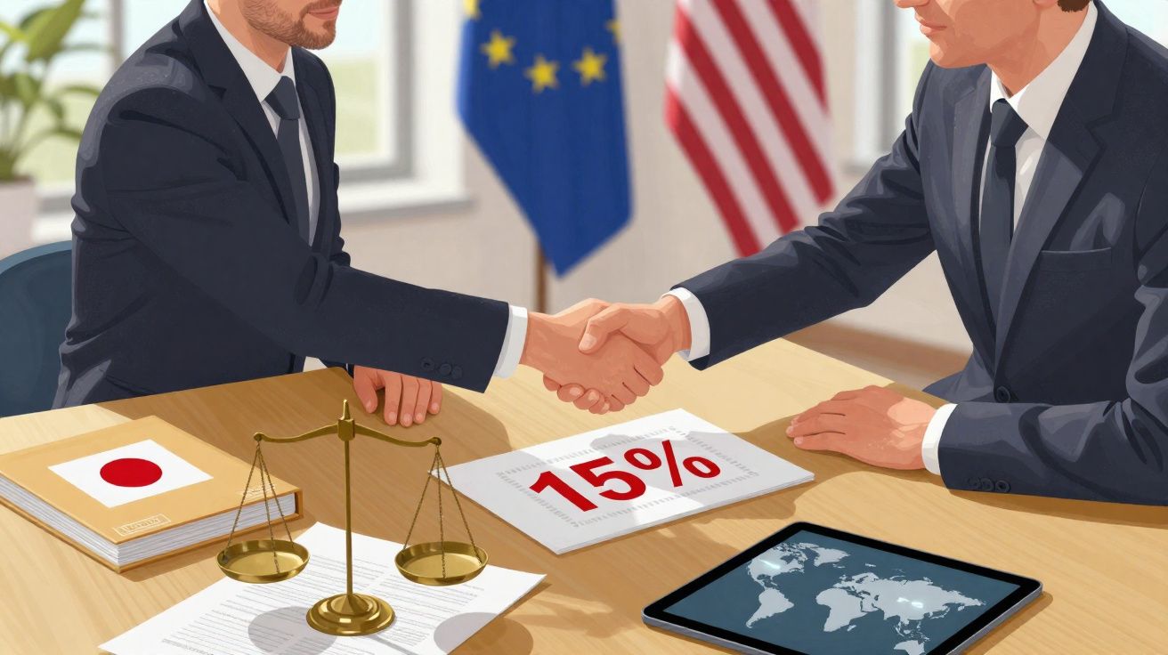 Dois homens de fato apertam as mãos numa mesa com documentos, bandeiras da UE e EUA ao fundo.