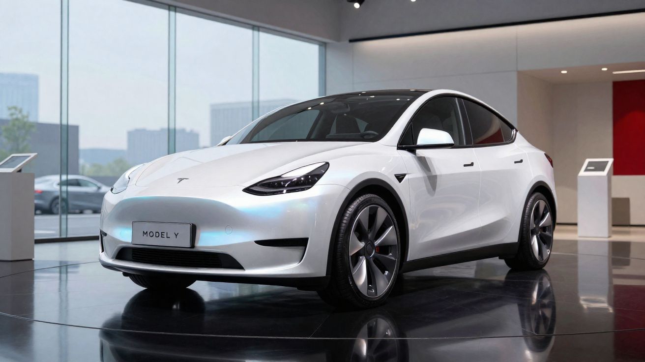 Carro elétrico branco Tesla Model Y estacionado em showroom moderno com piso brilhante.