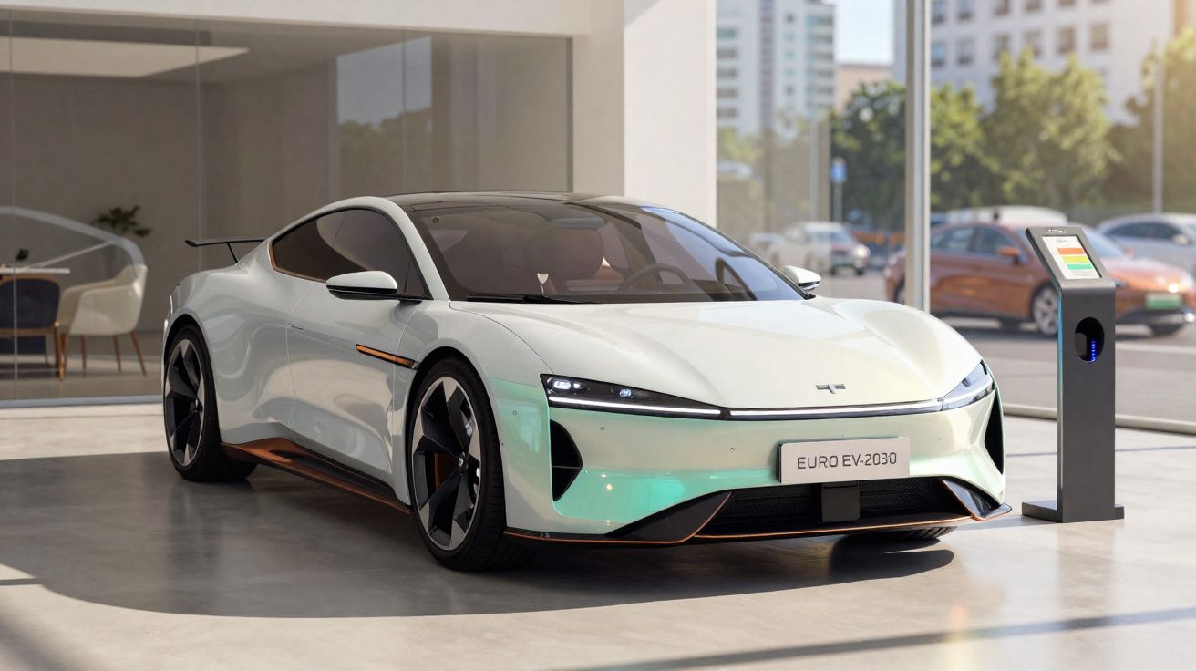 Carro elétrico branco, modelo Euro EV-2030, estacionado em garagem moderna com estação de carregamento.