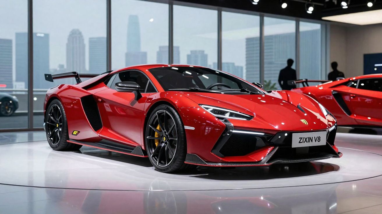 Carro desportivo vermelho com aerofólio exibido em salão com edifícios ao fundo.