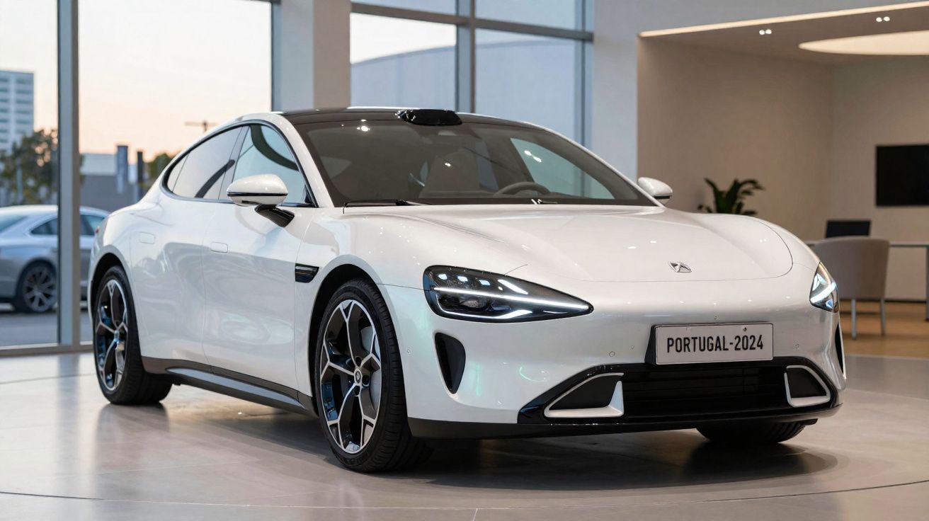 Carro elétrico branco moderno em exposição numa sala iluminada com grandes janelas.