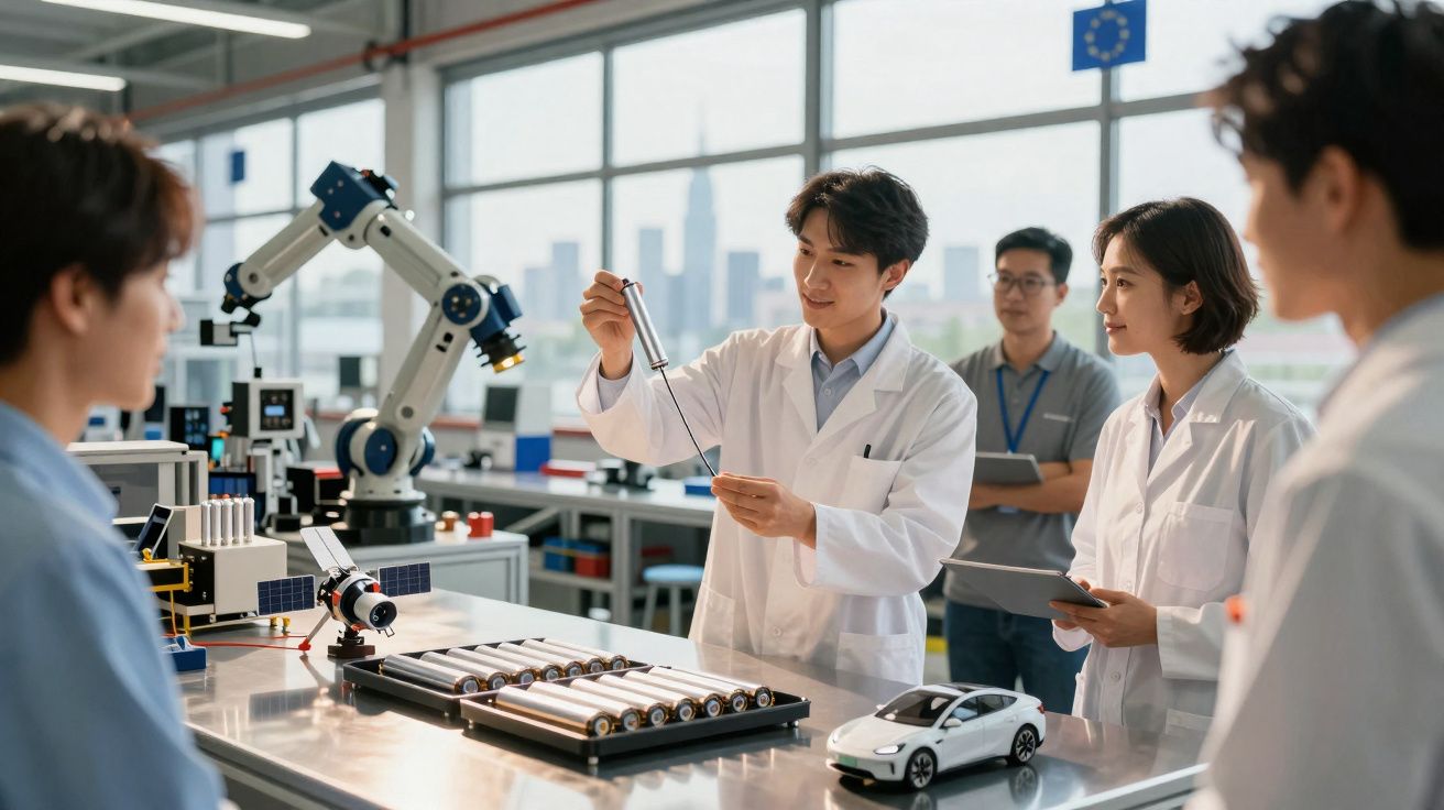 Cientistas em laboratório investigam baterias com miniatura de carro elétrico sobre a bancada.