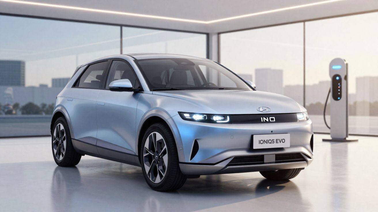 Automóvel elétrico Hyundai Ioniq 5 EVO azul estacionado numa garagem moderna com carregador elétrico ao fundo.