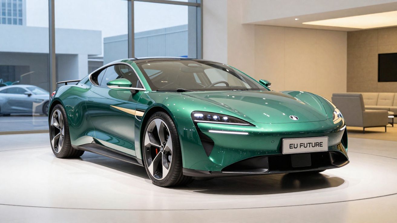 Carro elétrico desportivo verde metálico em exposição numa sala moderna e luminosa.