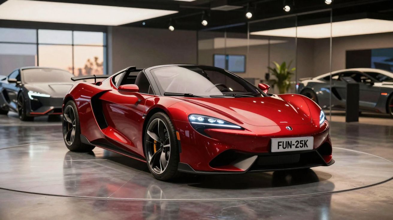 Carro desportivo vermelho com faróis ligados numa sala de exposição com outros carros no fundo.