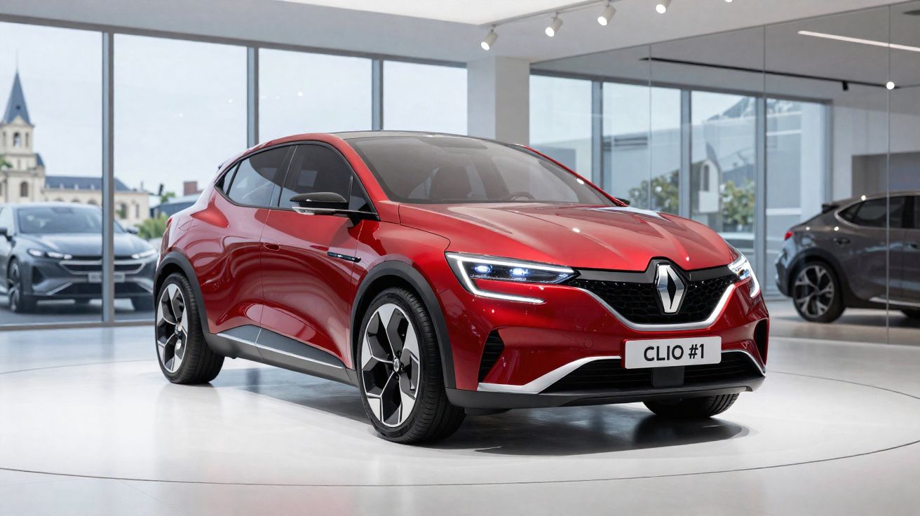 Carro vermelho Renault Clio exposto em salão moderno com grandes janelas e reflexos no chão.