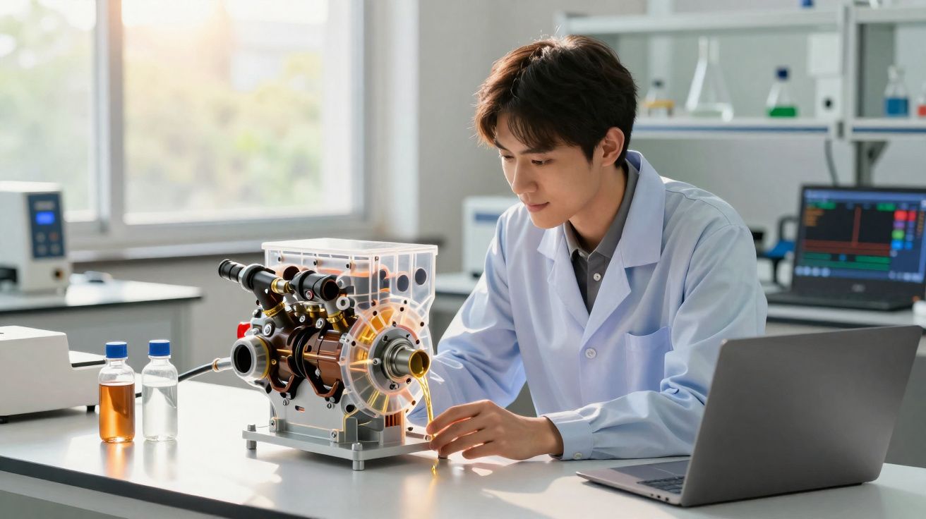 Cientista em bata branca analisa aparelho tecnológico translúcido numa bancada de laboratório moderno.