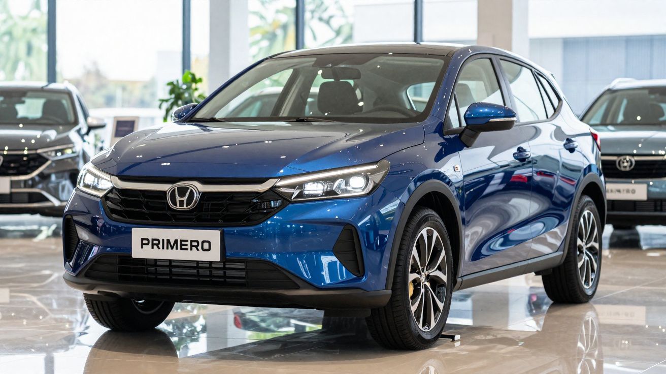 Carro azul brilhante modelo Primero em exposição numa sala de venda automóvel moderna e iluminada.