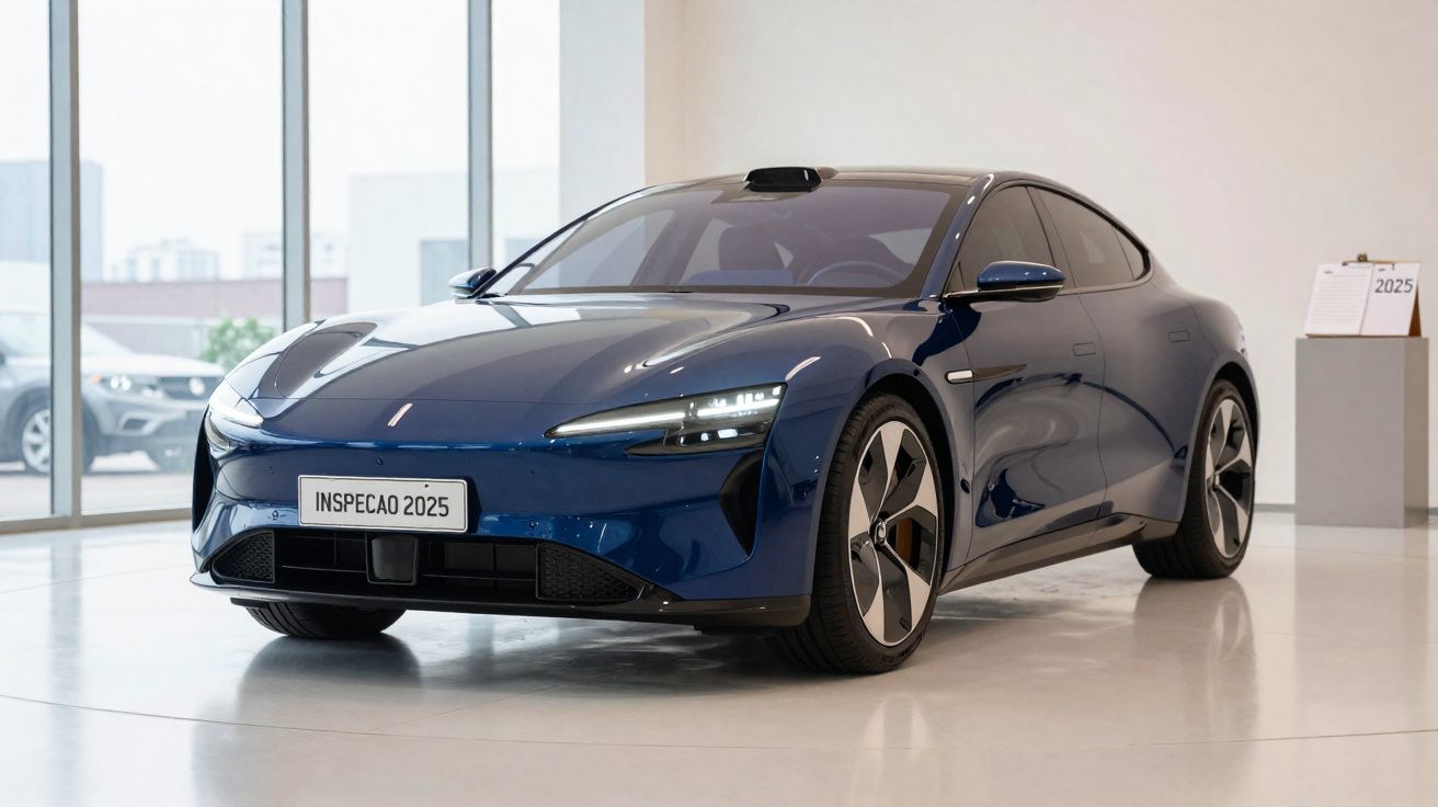 Carro desportivo elétrico azul escuro estacionado num espaço interior com janelas grandes.