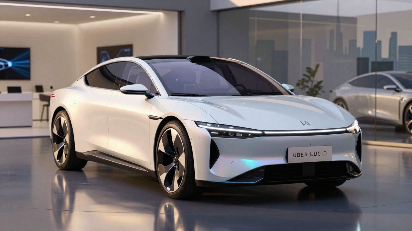 Carro eléctrico futurista branco estacionado dentro de um showroom moderno com janelas amplas.