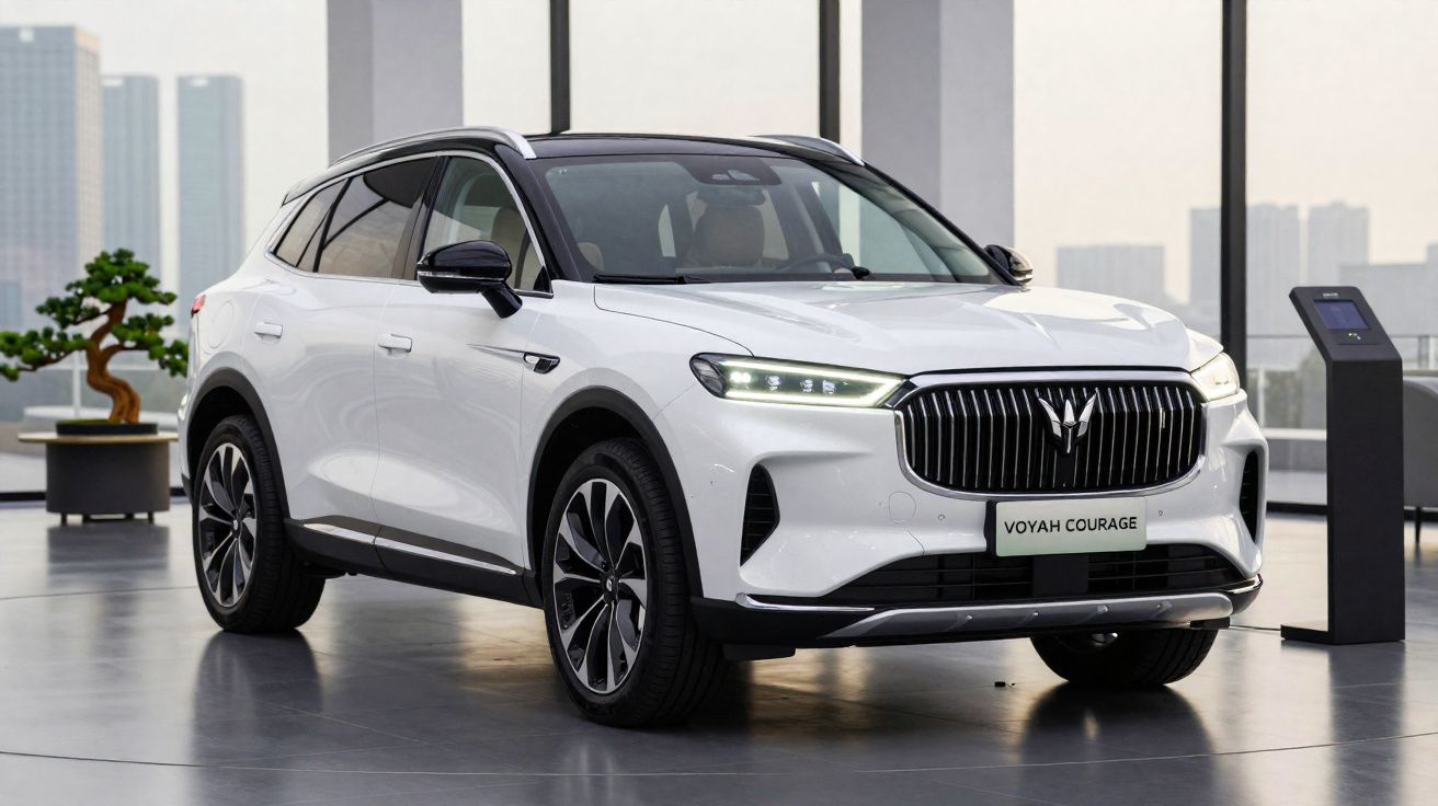 Carro elétrico branco Voyah Courage exibido num espaço interior moderno com janelas amplas.